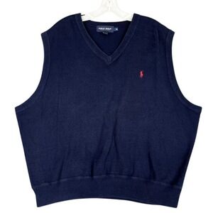 Vintage 90s Polo Golf Ralph Lauren XL Navy Cotton Sweater‎ Vest Classic Knit
